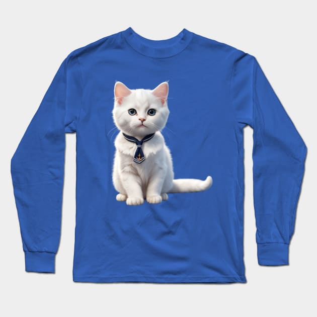 Kawaii Cute Funny Nautical Sailor Cat Long Sleeve T-Shirt by Tina